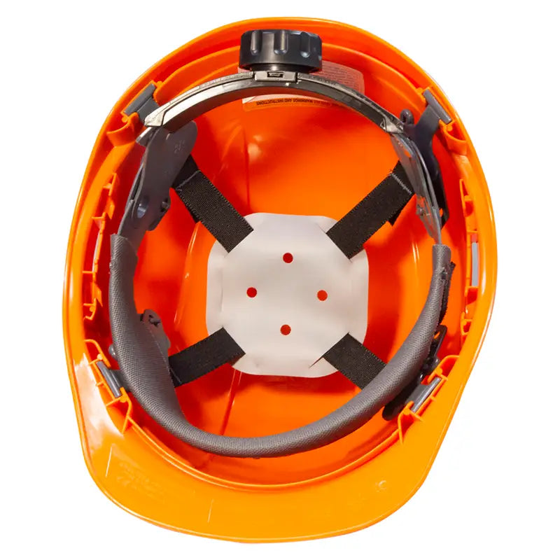 Orange hard hat interior showcasing cap style safety with 4 point suspension and brow liner