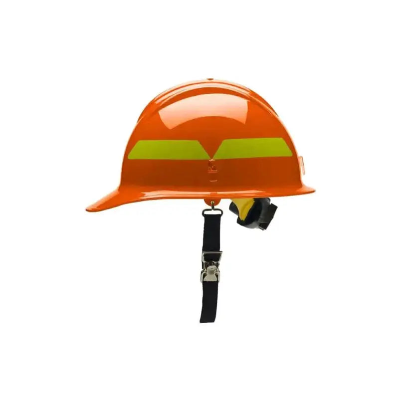 Orange Bullard Wildland Fire Helmet with reflective green stripe and black chin strap