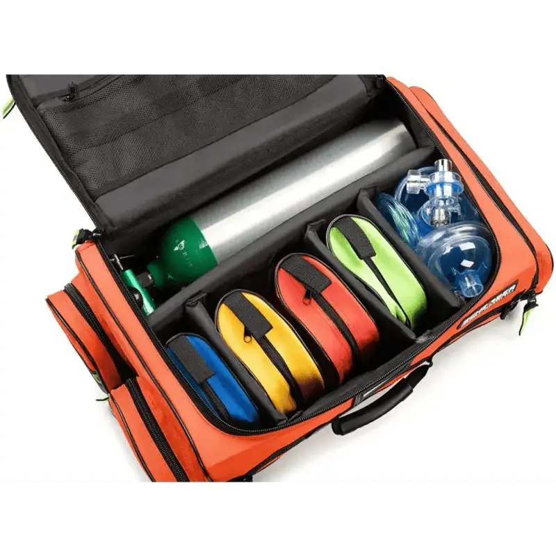 Orange medical bag with oxygen tanks and equipment for the Responder O2 Bag by Scherber