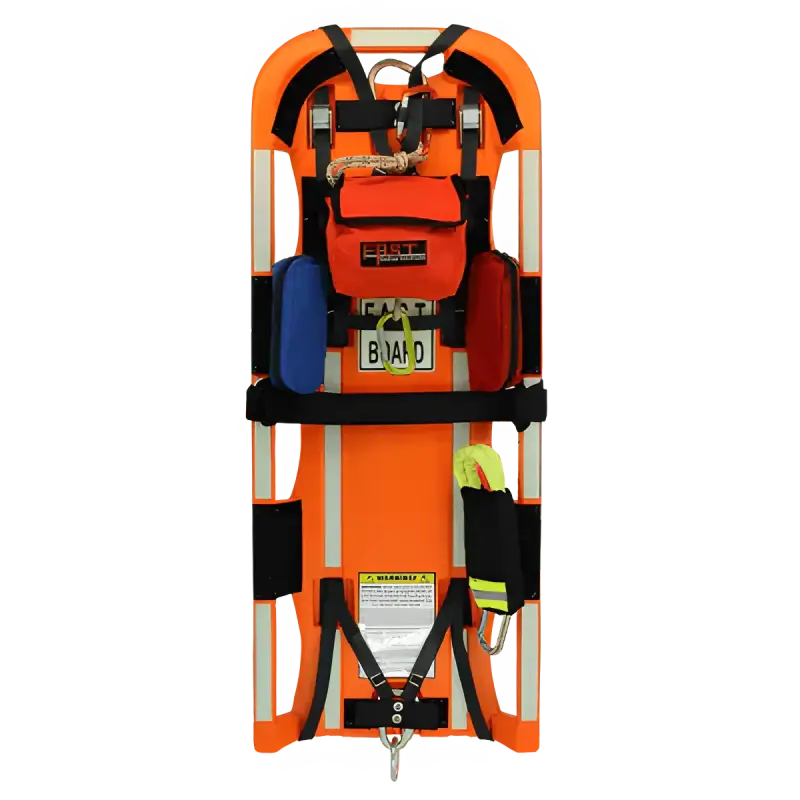 Orange medical rescue backboard w internal LED lights and black safety straps