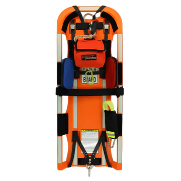 Orange medical rescue backboard w internal LED lights and black safety straps