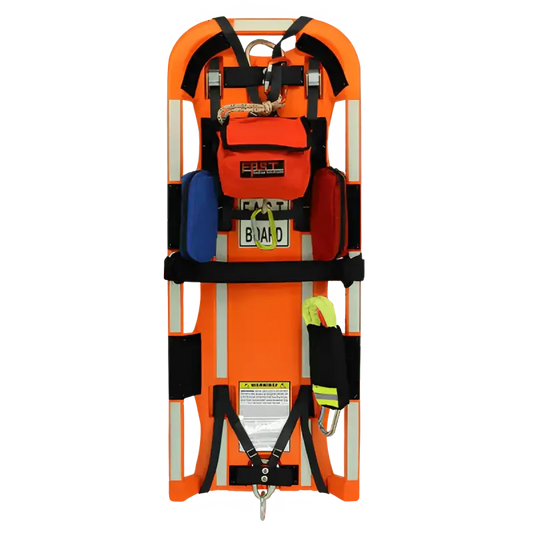 Orange medical rescue backboard w internal LED lights and black safety straps