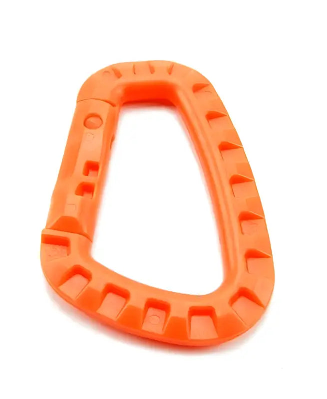 Orange hard polymer D-Ring carabiner clip with notched edges for enhanced grip