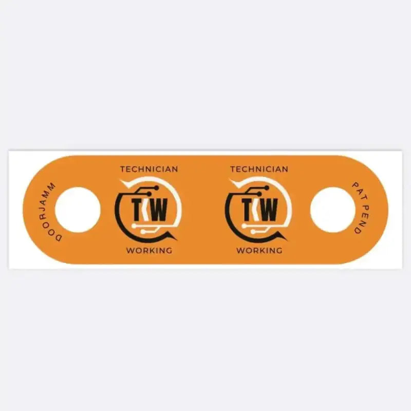 Orange tag with TW technician logos for Tekknowledge Worldwide TKW DoorJamm