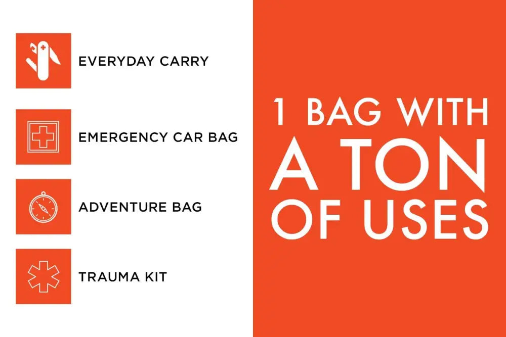 Orange promotional graphic illustrating emergency bag categories for 12HR Plus Royal Blue Backpack