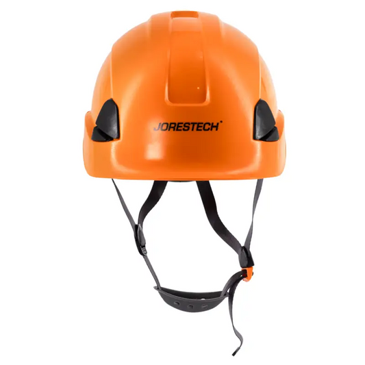 Orange Rescue Hard Hat with chin strap and adjustable ratchet suspension for safety