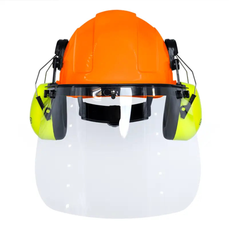 Orange cap-style hard hat kit with lime mountable earmuffs and hi-transparency face shield