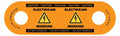 Orange safety tag for Electrician DoorJamm with electrical hazard symbols