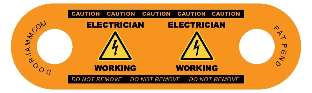 Orange safety tag for Electrician DoorJamm with electrical hazard symbols