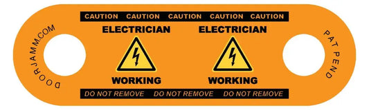 Orange safety tag for Electrician DoorJamm with electrical hazard symbols