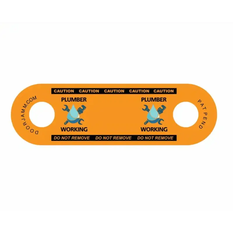 Orange safety tag with PLUMBER WORKING text for Plumber DoorJamm and plumber icons
