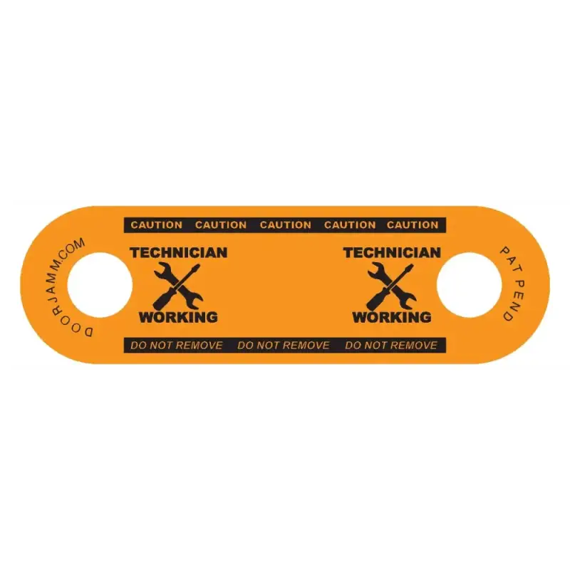 Orange Technician DoorJamm safety tag with warnings and crossed wrench symbols