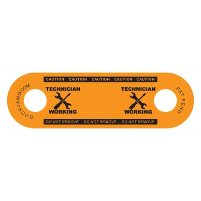 Orange Technician DoorJamm safety tag with warnings and crossed wrench symbols