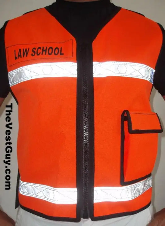 Orange emergency response reflective vest with LAW SCHOOL text and reflective stripes