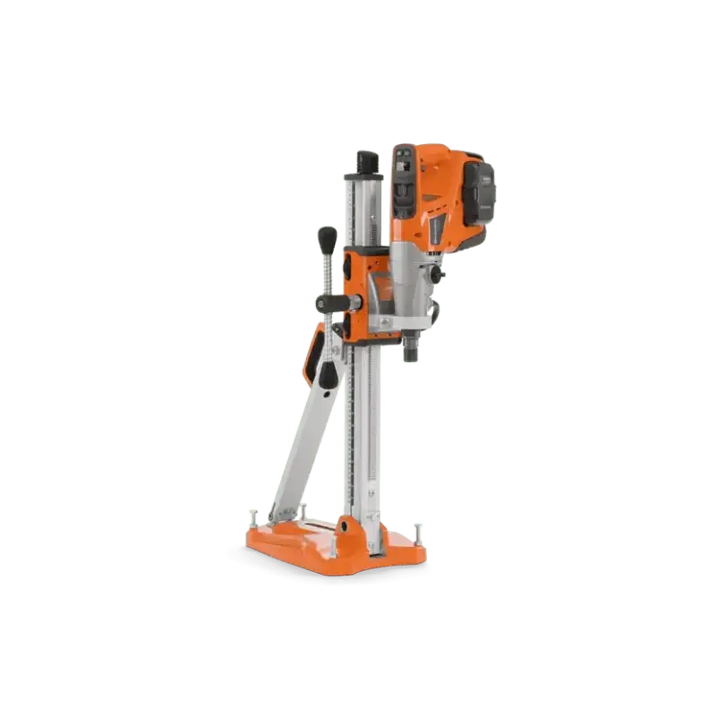 Orange and silver core drilling stand with mounting base for Husqvarna 540i Battery Powered Core Drill Kit