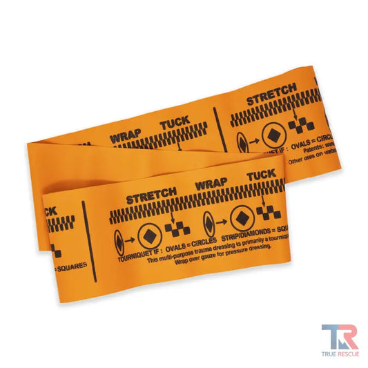 Orange stretch wrap bands with instructions for SWAT-T Tourniquet and pressure dressing use