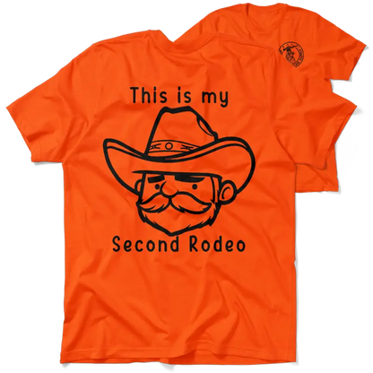 Orange t-shirt with cowboy graphic from My Second Rodeo Safety Yellow T-Shirt collection