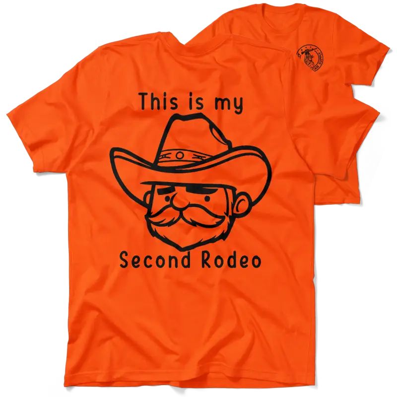 Orange T-shirt with cowboy graphic from My Second Rodeo Safety Yellow T-Shirt collection