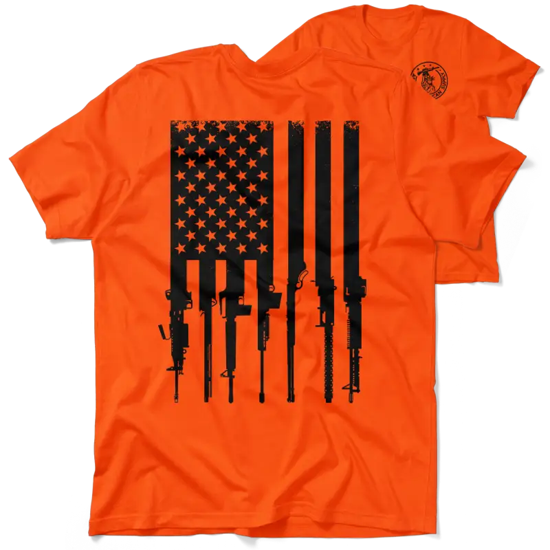 Orange rifle flag safety yellow t-shirt with gun-themed American flag design