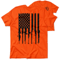 Orange safety yellow t-shirt featuring rifle flag American flag gun-themed design
