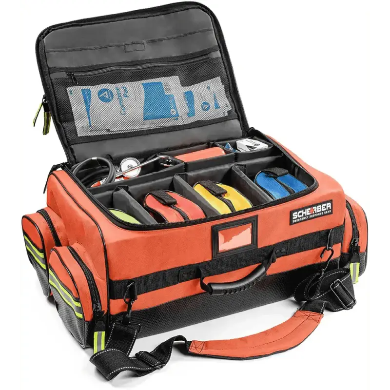 Orange tool bag with compartments in Scherber Ultimate First Responder Trauma Kit O2