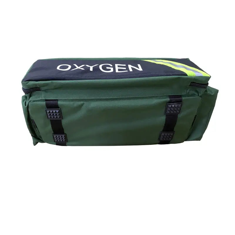 Green Oxygen Medical Airway Management Bag with Black Straps and Reflective Trim