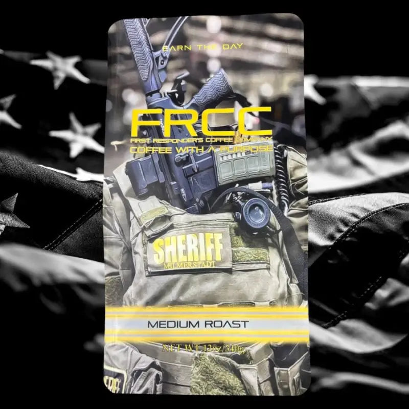 FRCE Sheriff medium roast coffee package for 12oz Sheriff Deputy with tactical gear design