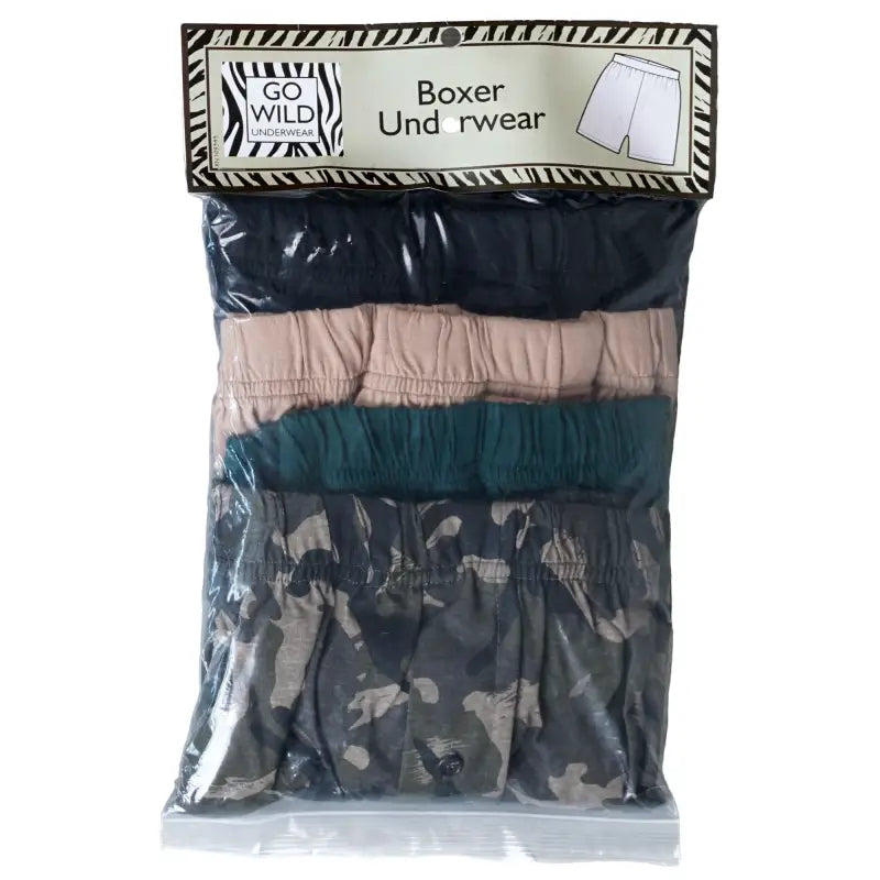 Men’s Jungle Camo Boxer Shorts 4 Pack in Navy, Beige, Green, and Camouflage Patterns