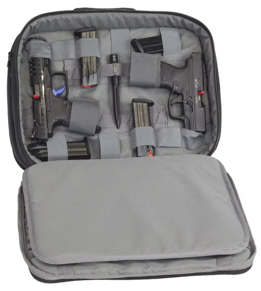 Padded storage case with elastic loops for organizing tools in Four Gun Pistol Pack