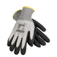 Pair of black and gray cut-resistant safety work gloves with sandy nitrile dipped palms