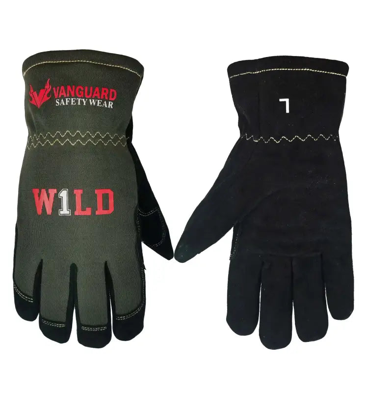 Black and olive green WILD-1 Wildland Firefighting Glove with Vanguard branding