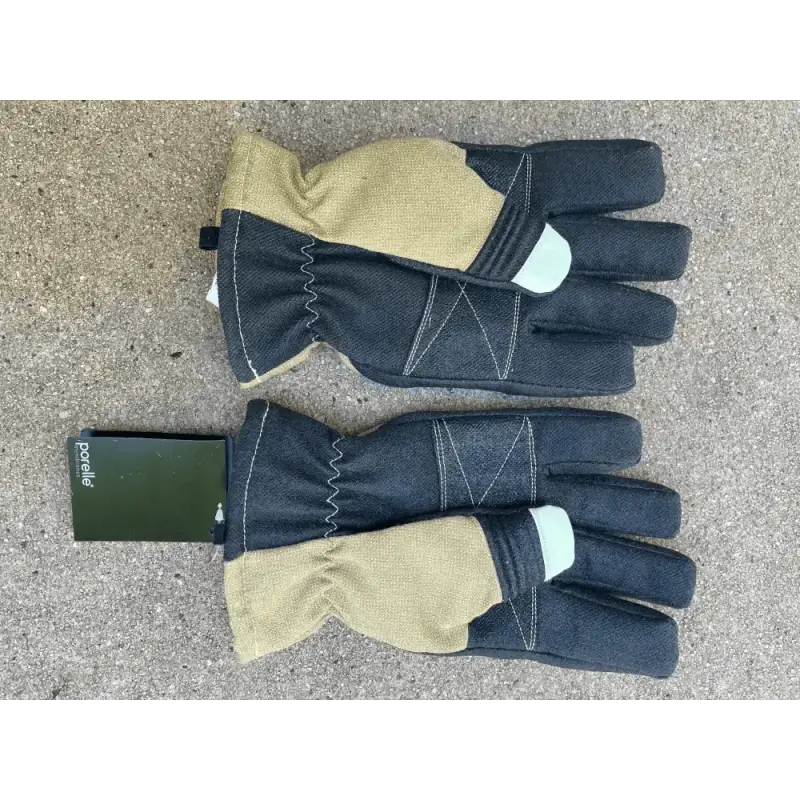 Pair of black and tan leather - structural dark firefighting gloves with reinforced stitching