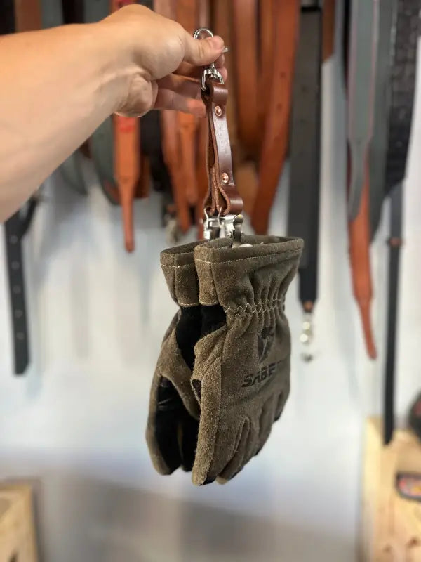 Hanging brown work gloves for first responders firefighter and police with GLOVE STRAP DUAL CLIP NO.2 QUICK RELEASE