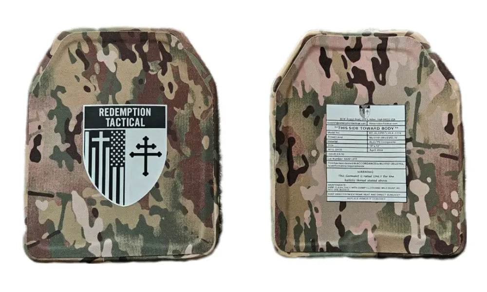 Camouflage-patterned ballistic plates for body armor, large size, Redemption Tactical CRUSADER 2.0 kit