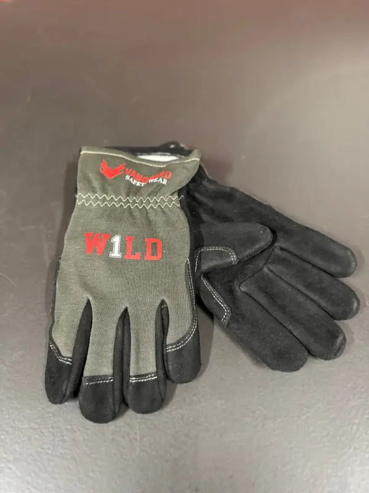 Gray and black WILD-1 Wildland Firefighting Glove with red text for enhanced visibility