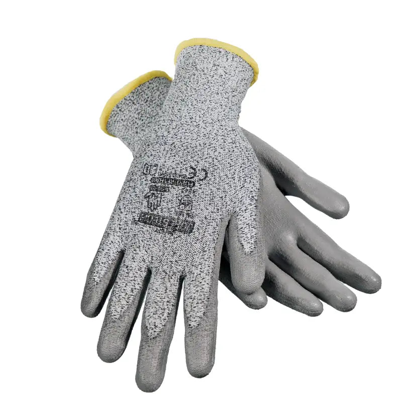 Pair of gray cut-resistant safety work gloves with polyurethane dipped palms for finger dexterity