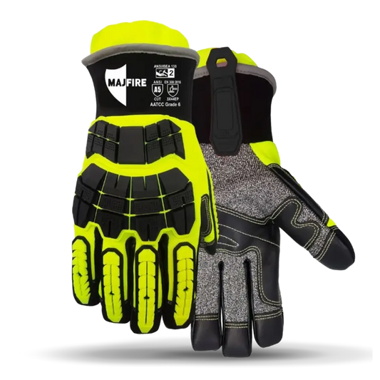 High-visibility work gloves with bloodborne pathogen barrier for MFA15B extrication tasks