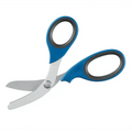 Pair of heavy duty trauma shears with blue and black handles and stainless steel blades