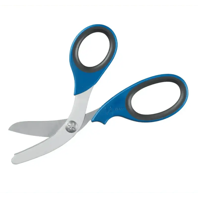 Pair of heavy duty trauma shears with blue and black handles and stainless steel blades