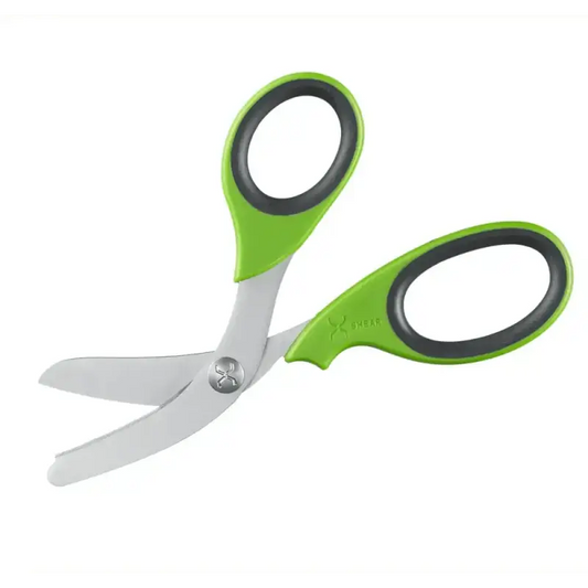 Pair of heavy duty trauma shears with green and black rubber handles for professionals