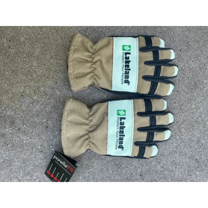 Tan and green leather - structural glow dark firefighting gloves with navy reinforced fingers