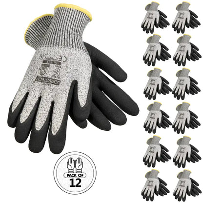 Twelve pairs of cut-resistant safety work gloves with sandy nitrile dipped palms