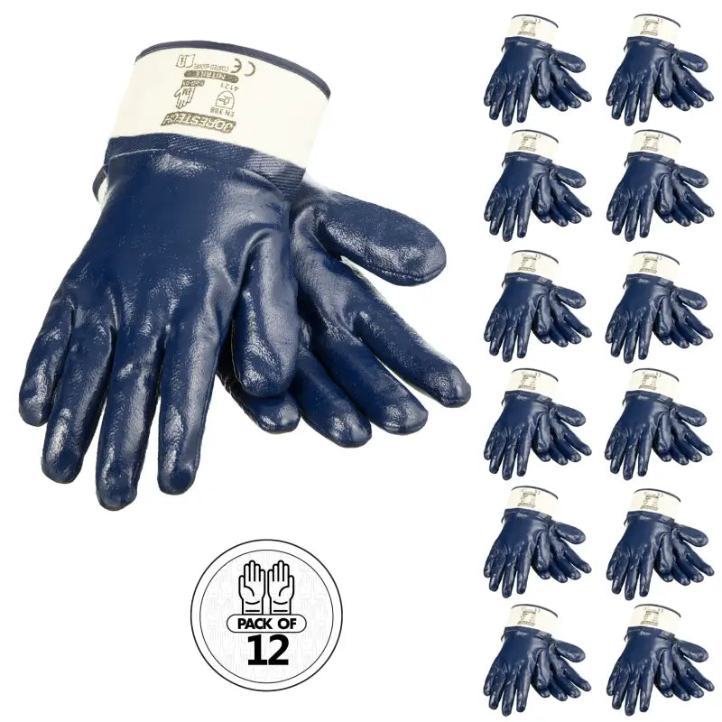 Twelve pairs of Fully Coated Nitrile Safety Work Gloves in a convenient pack