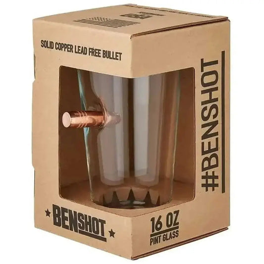 Patriotic Pint Glass featuring glass vessel with copper bullet embedded in side