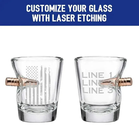 Patriotic Shot Glass with bullet designs and American flag laser etched patterns