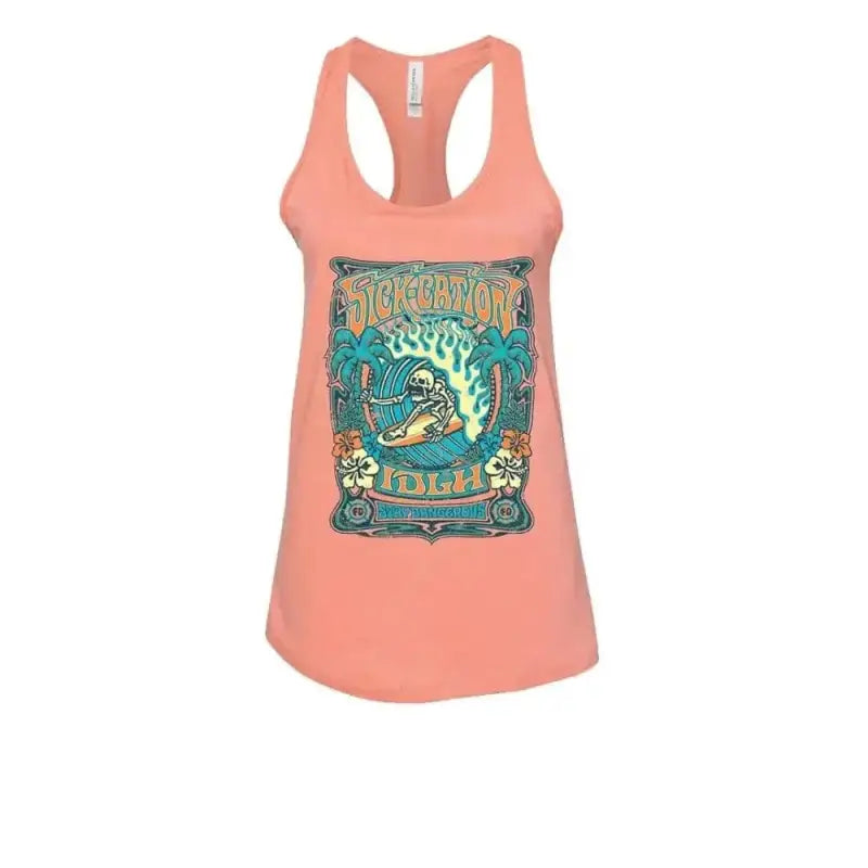 Peach womens tank with teal and orange surfing graphic design from Sick-Cation collection