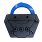 Black plastic padlock with blue handle and smiley face on Peerless 850 handcuff carrier