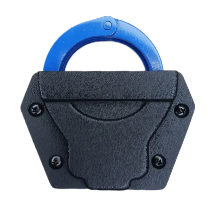 Black padlock with blue shackle on Peerless 850 Handcuff Carrier in Coyote Brown