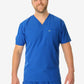 Person in bright blue men’s double-pocket scrub top with v-neck design