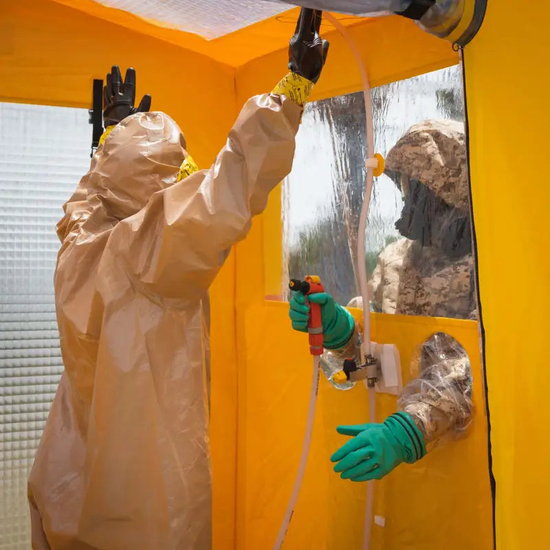 Person in beige coveralls and green gloves using Mira Safety DS-1 portable decontamination shower